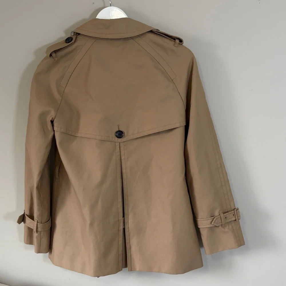 Coach Signature Lapel Short Trench Coat tan khaki  Striped Liner Designer sz XS